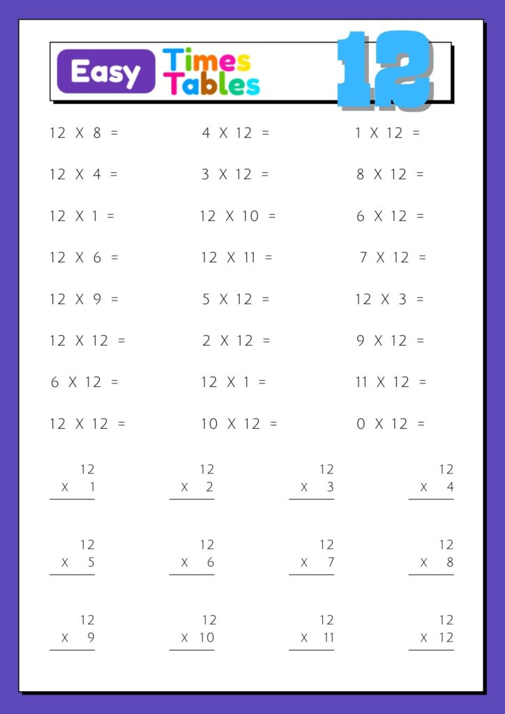 Images with printable exercises of multiplication table 12